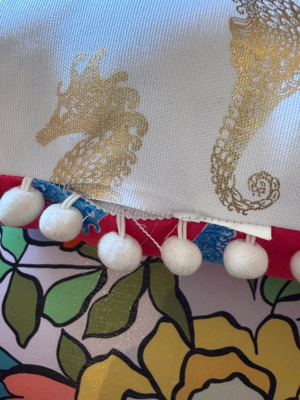 Lilly Pulitzer Pink Pillow with Blue Seahorse Motif and pompon fringe - Picture 6 of 7